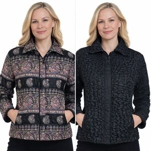 Vintage UBU Reversible Y2K Crinkle Quilted Jacket Black Painterly Floral Medium
